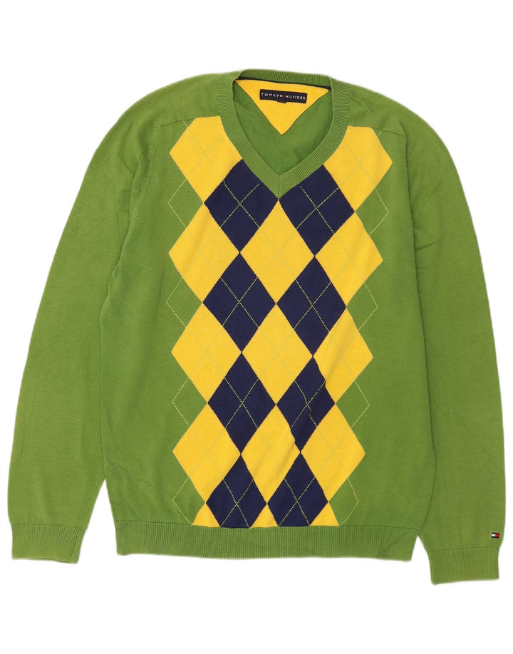 Tommy Hilfiger Uomo Maglione con scollo a V Maglione Verde medio Argyle/Diamante