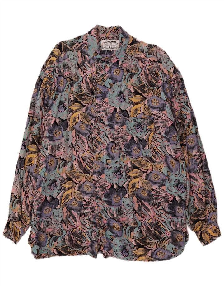 Camicia vintage da uomo grande in viscosa floreale multicolore