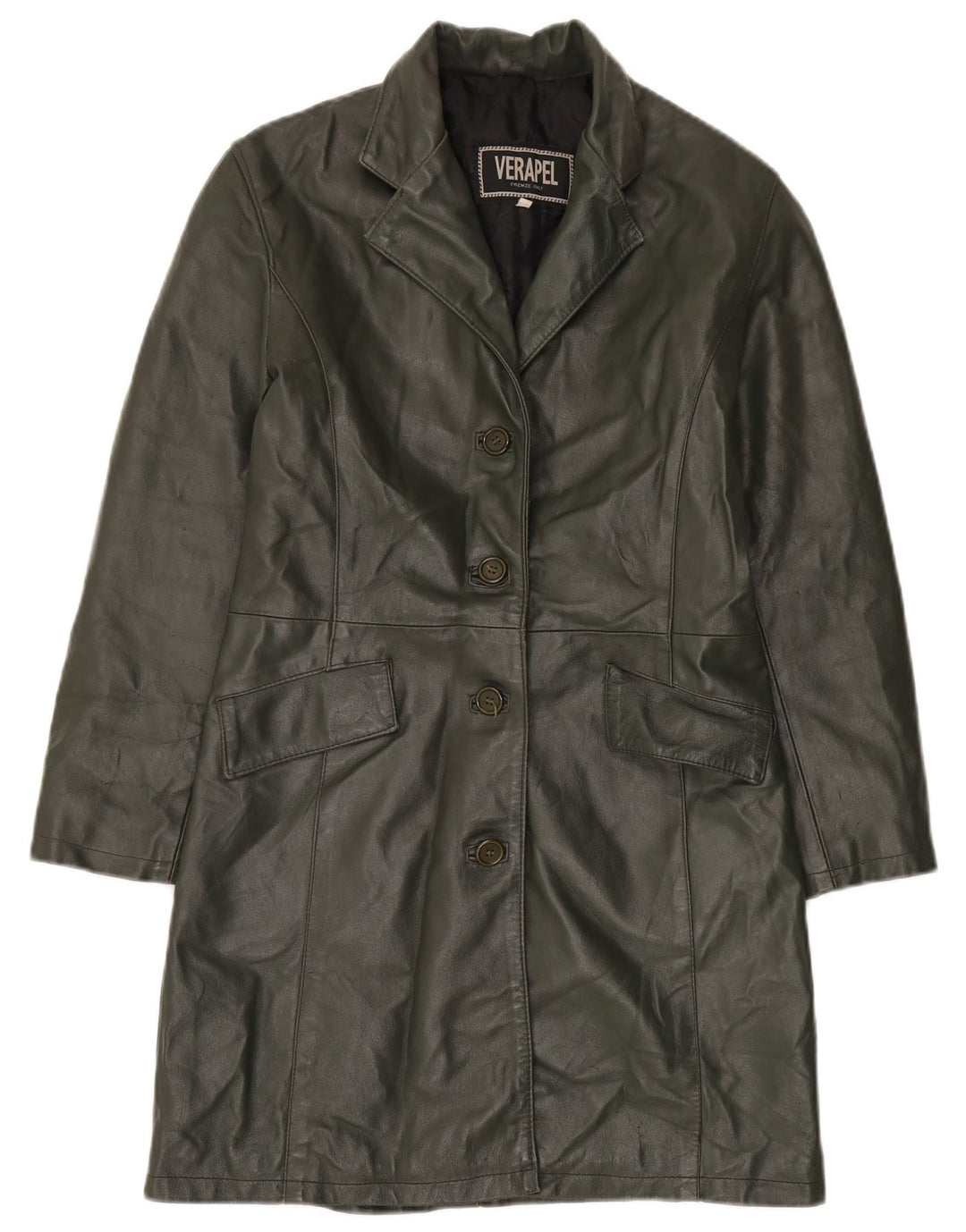 Cappotto in pelle vintage da donna UK 14 in pelle kaki media