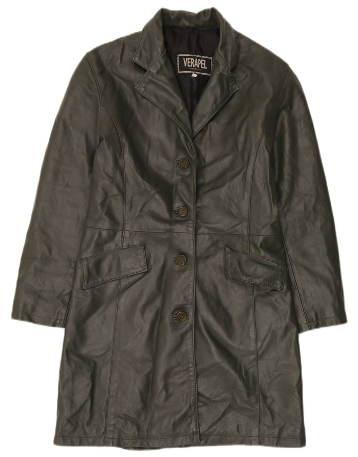 Cappotto in pelle vintage da donna UK 14 in pelle kaki media