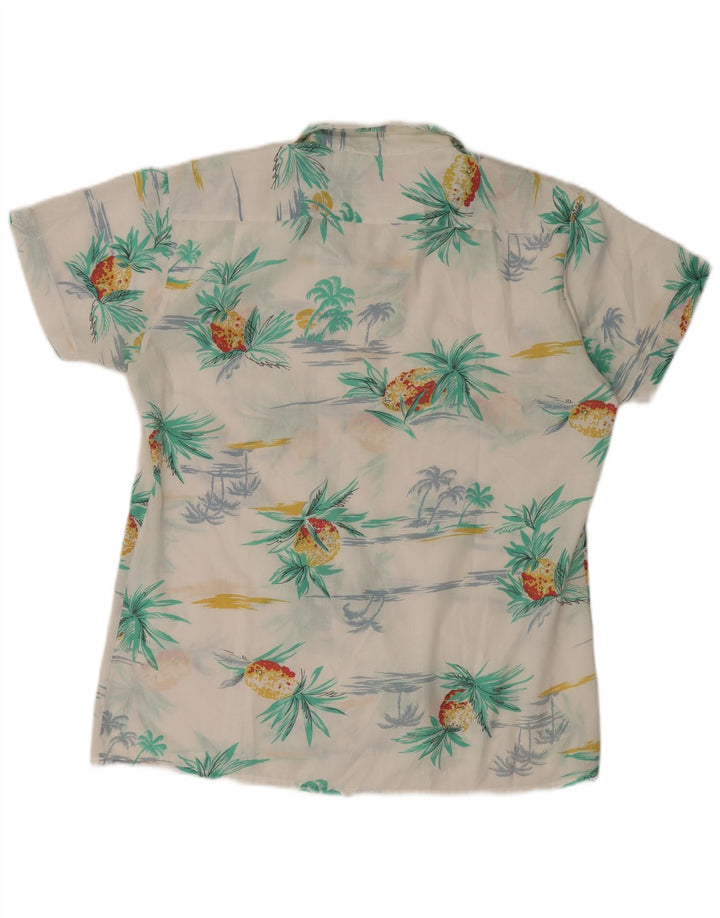 Camicia vintage da uomo a maniche corte hawaiana in poliestere bianco medio