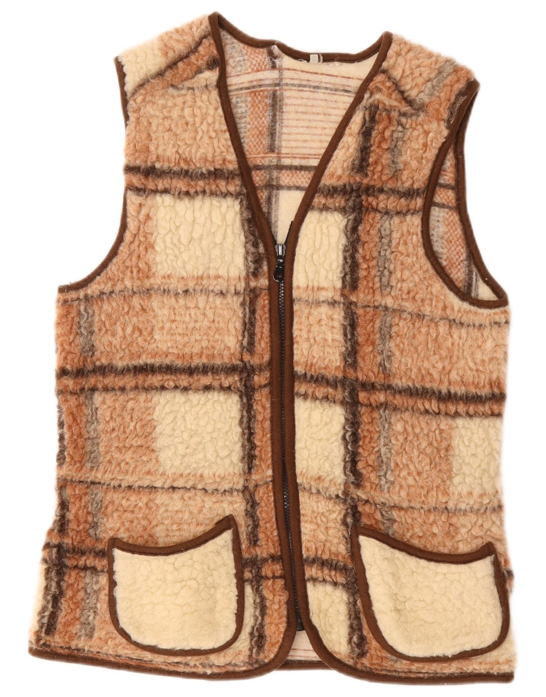 Gilet in pile da donna vintage UK 10 piccolo quadretto marrone