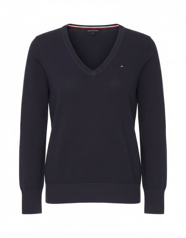 Maglione maglione con scollo a V da donna Tommy Hilfiger UK 12 Cotone medio blu navy