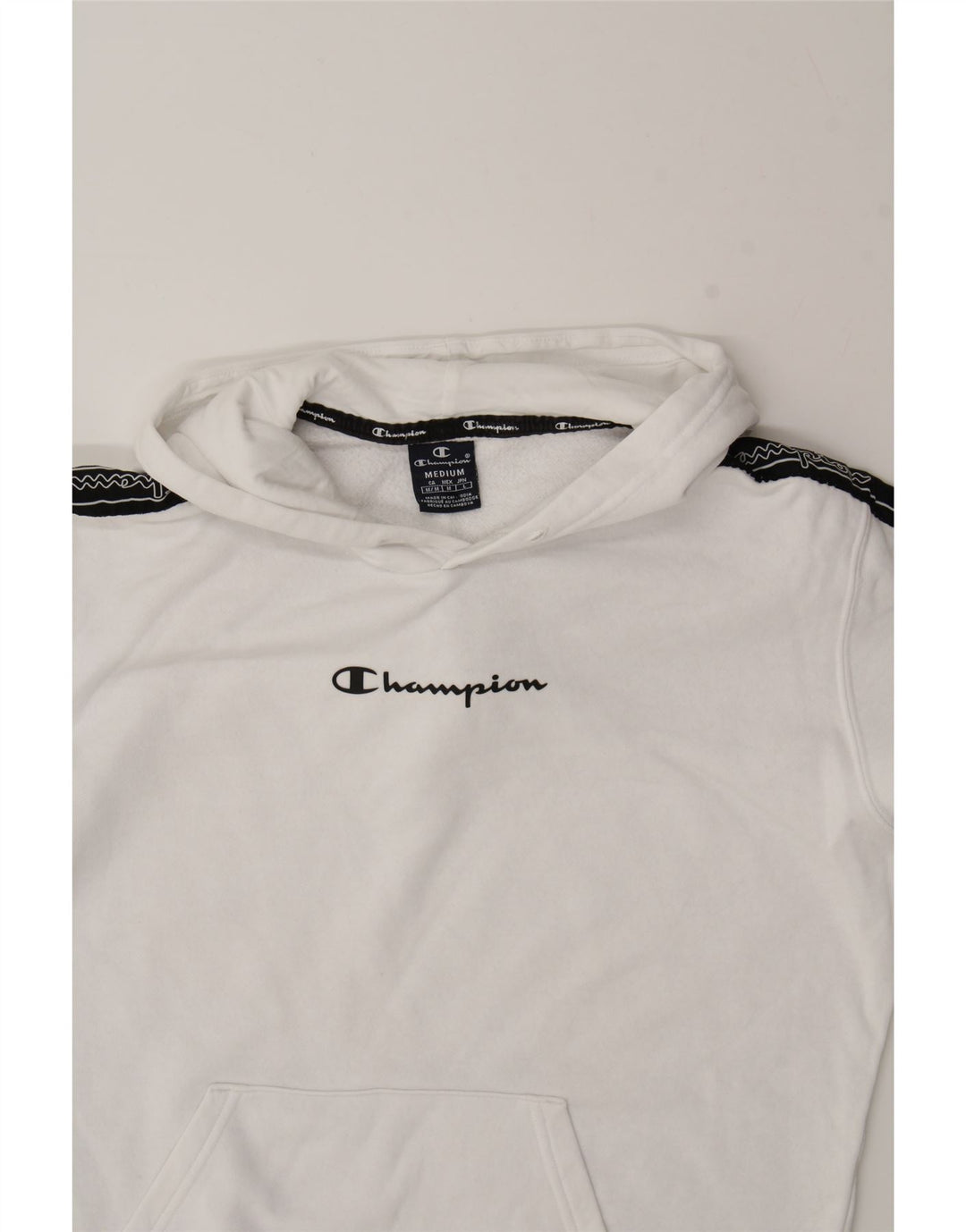 CHAMPION Mens Graphic Hoodie Jumper Medium White Colourblock Vintage Champion and Second-Hand Champion from Messina Hembry 