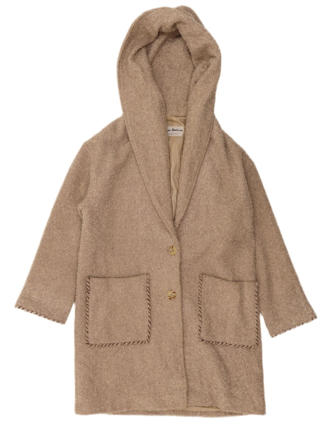 Cappotto oversize con cappuccio da donna VINTAGE UK 10 piccolo a spina di pesce beige