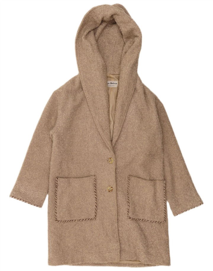 Cappotto oversize con cappuccio da donna VINTAGE UK 10 piccolo a spina di pesce beige