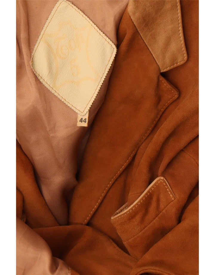 Giacca blazer vintage da donna in pelle scamosciata a 3 bottoni IT 44 Colorblock beige medio