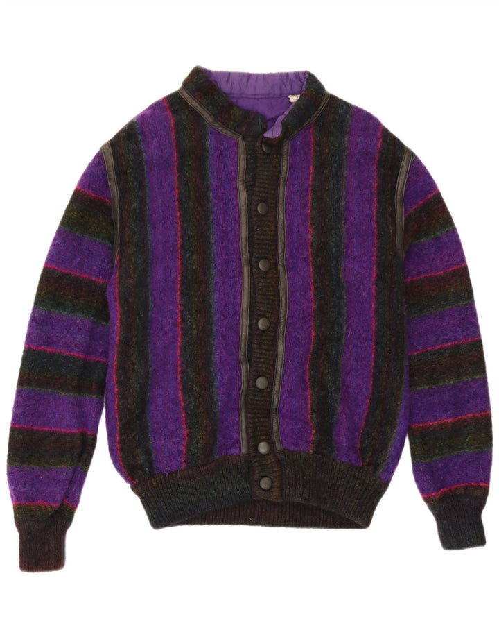 Maglione cardigan vintage da uomo IT 50 lana a righe viola medio