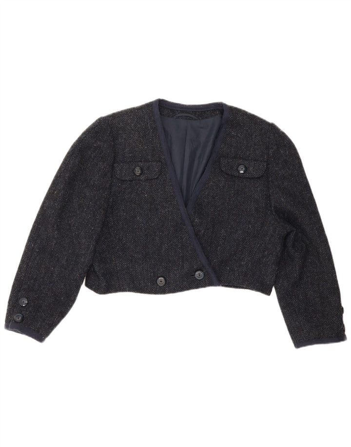 Giacca bolero vintage da donna con maniche a 3/4 UK 12 medio blu navy a spina di pesce