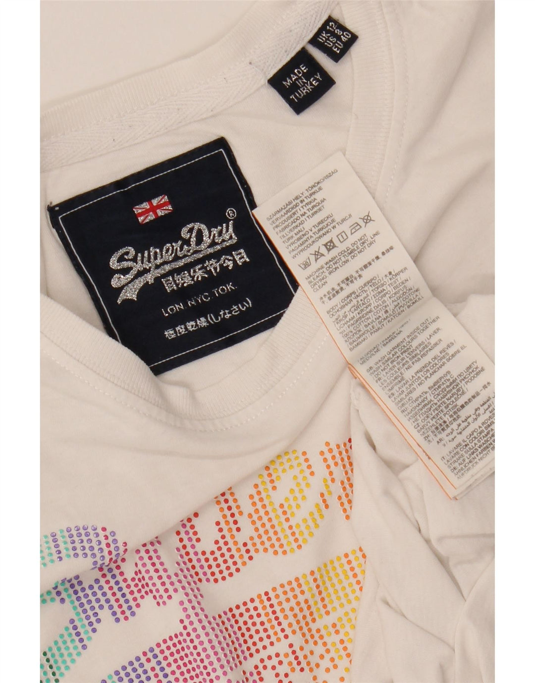 T-shirt grafica da donna SUPERDRY Top UK 12 cotone bianco medio