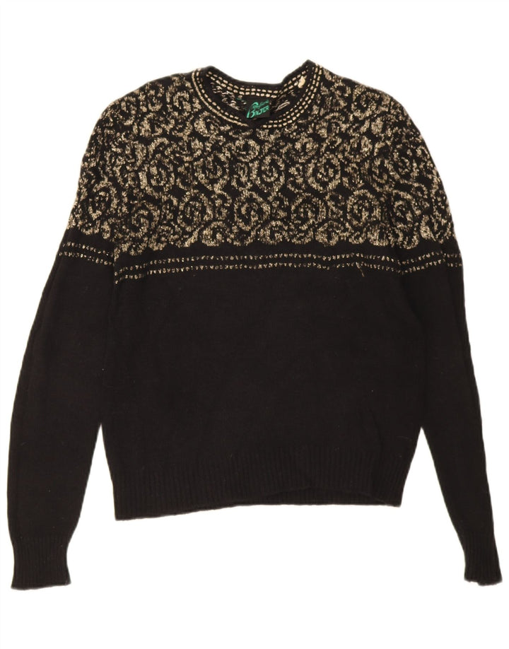 Maglione maglione girocollo da donna vintage IT 44 medio nero geometrico