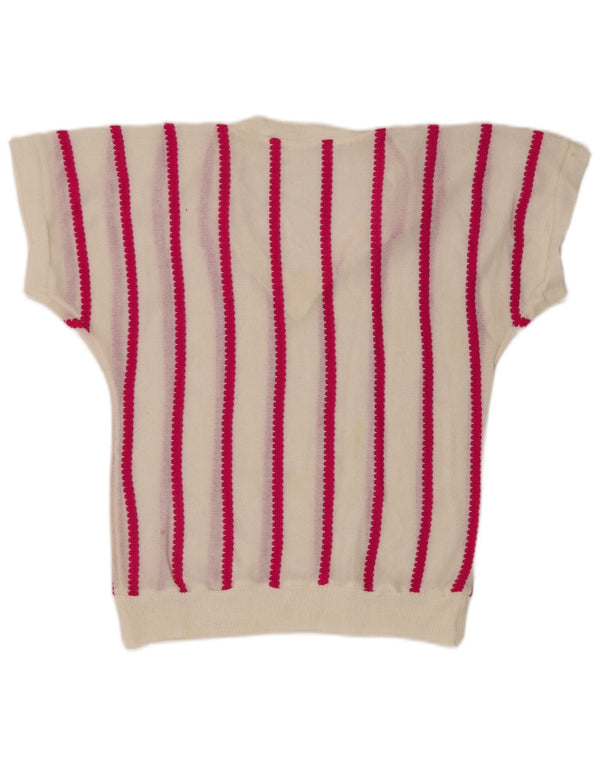 Maglione maglione vintage da donna con scollo a V UK 12 medio a righe bianco sporco