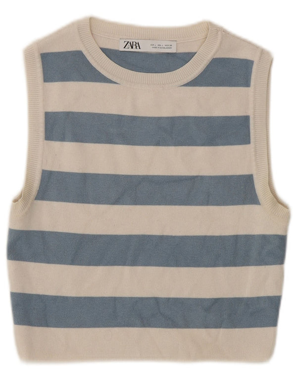 Top corto senza maniche da donna Zara UK 14 viscosa a righe blu grandi