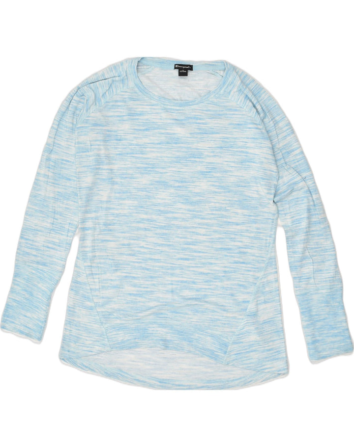 CHAMPION Womens Top Long Sleeve UK 10 Small Blue Pinstripe Rayon | Vintage Champion | Thrift | Second-Hand Champion | Used Clothing | Messina Hembry 