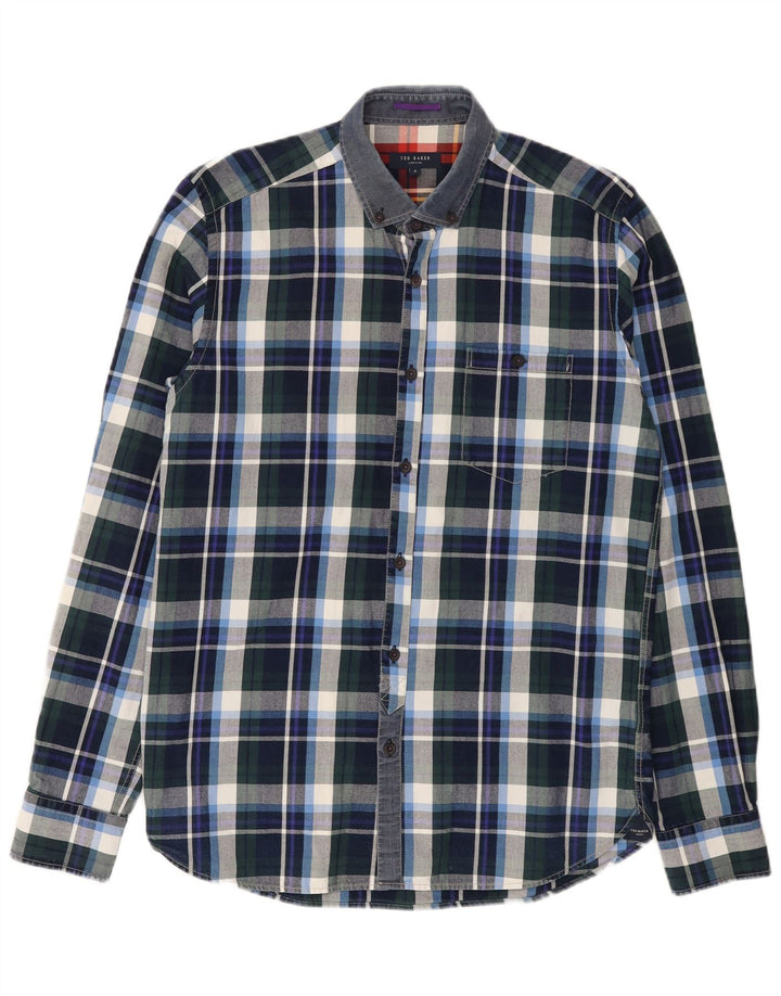 Camicia da uomo Ted Baker taglia 4 grande cotone a quadri blu navy