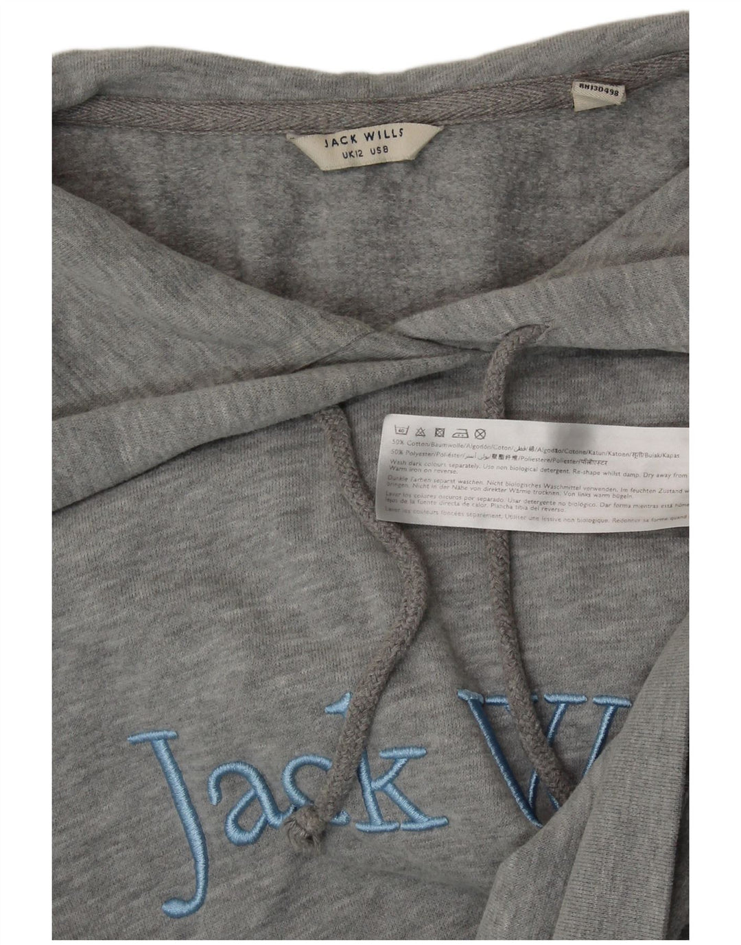 JACK WILLS Maglione con cappuccio grafico da donna corto UK 12 Cotone grigio medio