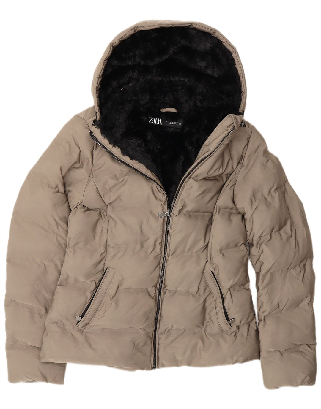 Giacca imbottita in sherpa con cappuccio da donna Zara UK 10 piccola poliestere grigio