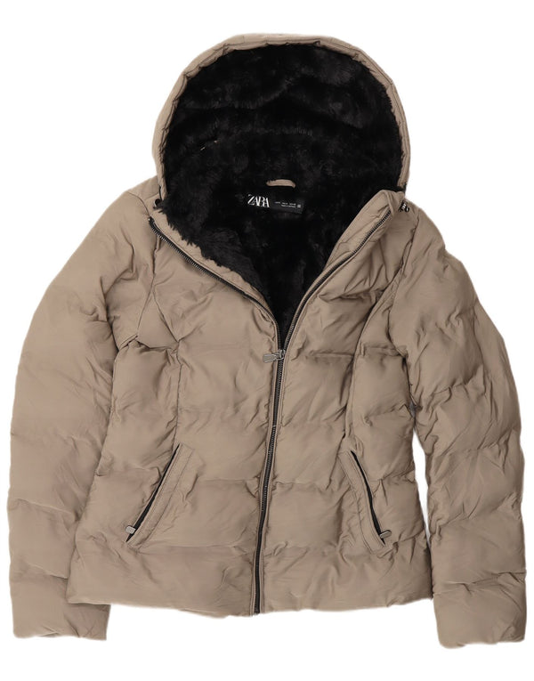 Giacca imbottita in sherpa con cappuccio da donna Zara UK 10 piccola poliestere grigio
