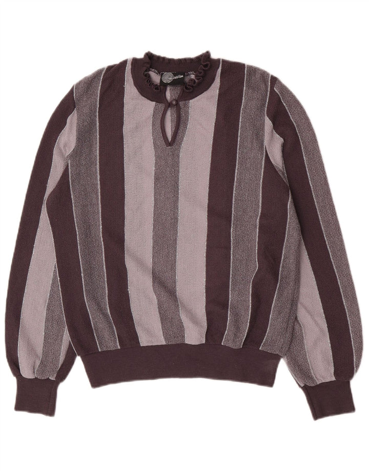 Maglione vintage da donna con collo alto e collo alto IT 44 Acrilico a righe grigio medio