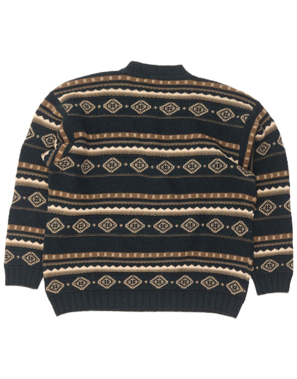 Maglione girocollo da uomo vintage in lana d'agnello geometrica verde XL