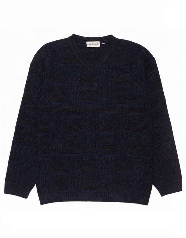 Enara Maglie Maglione da uomo con scollo a V grande acrilico a quadri blu navy