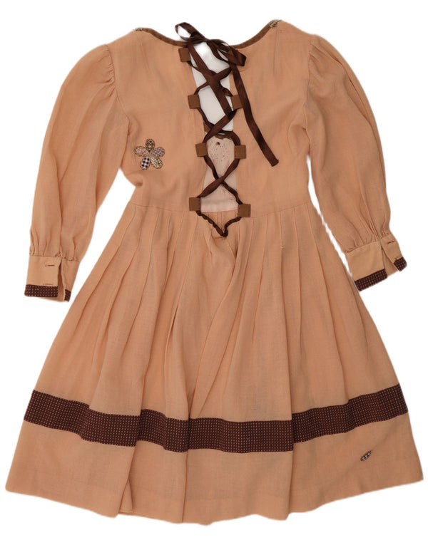 Abito a trapezio grafico da donna vintage UK 12 Blocco colore beige medio