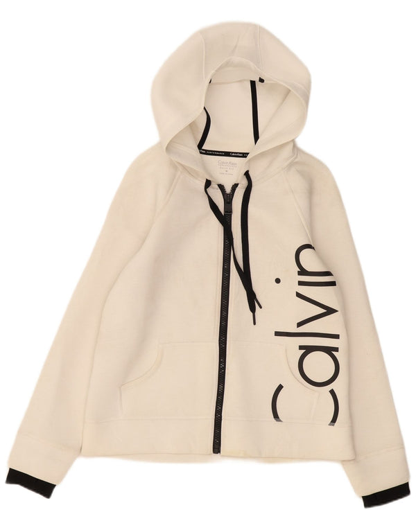 CALVIN KLEIN Felpa con cappuccio e zip grafica da donna UK 14 Medio Bianco