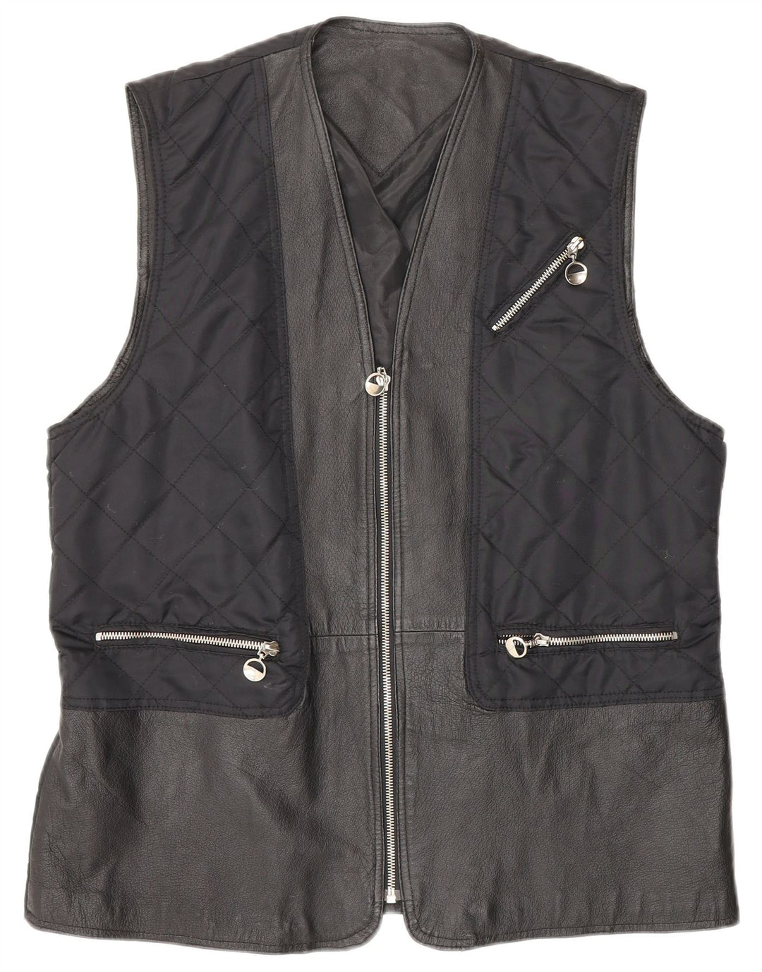 Gilet in pelle trapuntata vintage da donna UK 12/14 medio blu navy