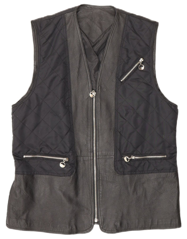 Gilet in pelle trapuntata vintage da donna UK 12/14 medio blu navy