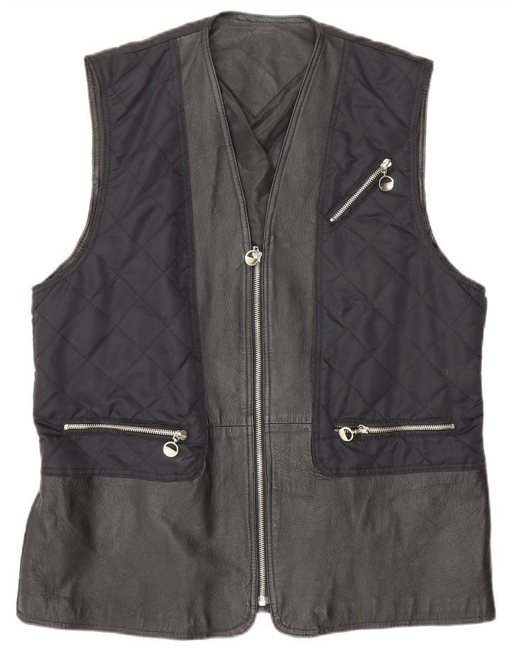 Gilet in pelle trapuntata vintage da donna UK 12/14 medio blu navy