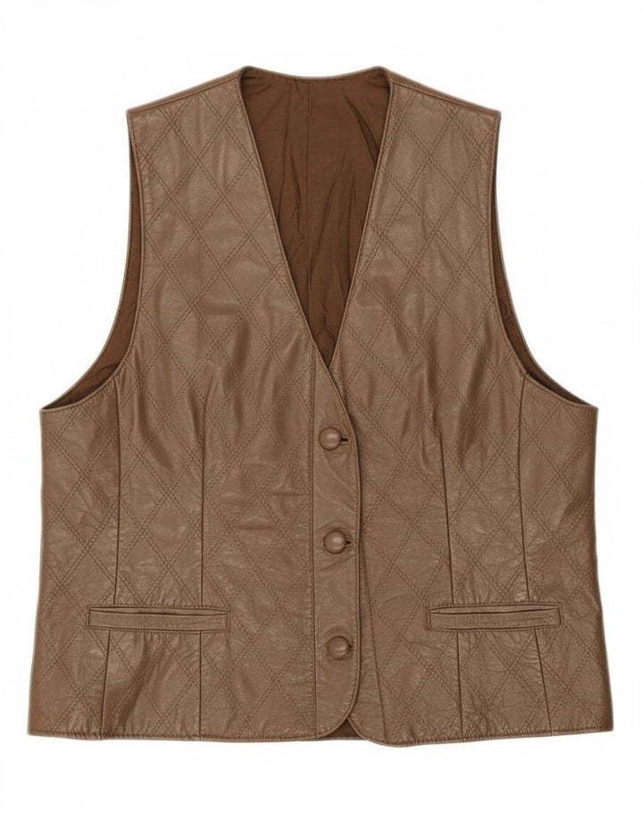 VINTAGE Womens Leather Waistcoat UK 16 Large Brown Check