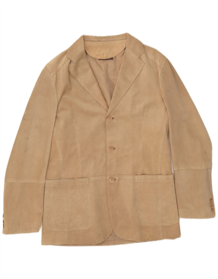 Giacca blazer da uomo in pelle scamosciata a 3 bottoni JJScott IT 52 XL in pelle beige
