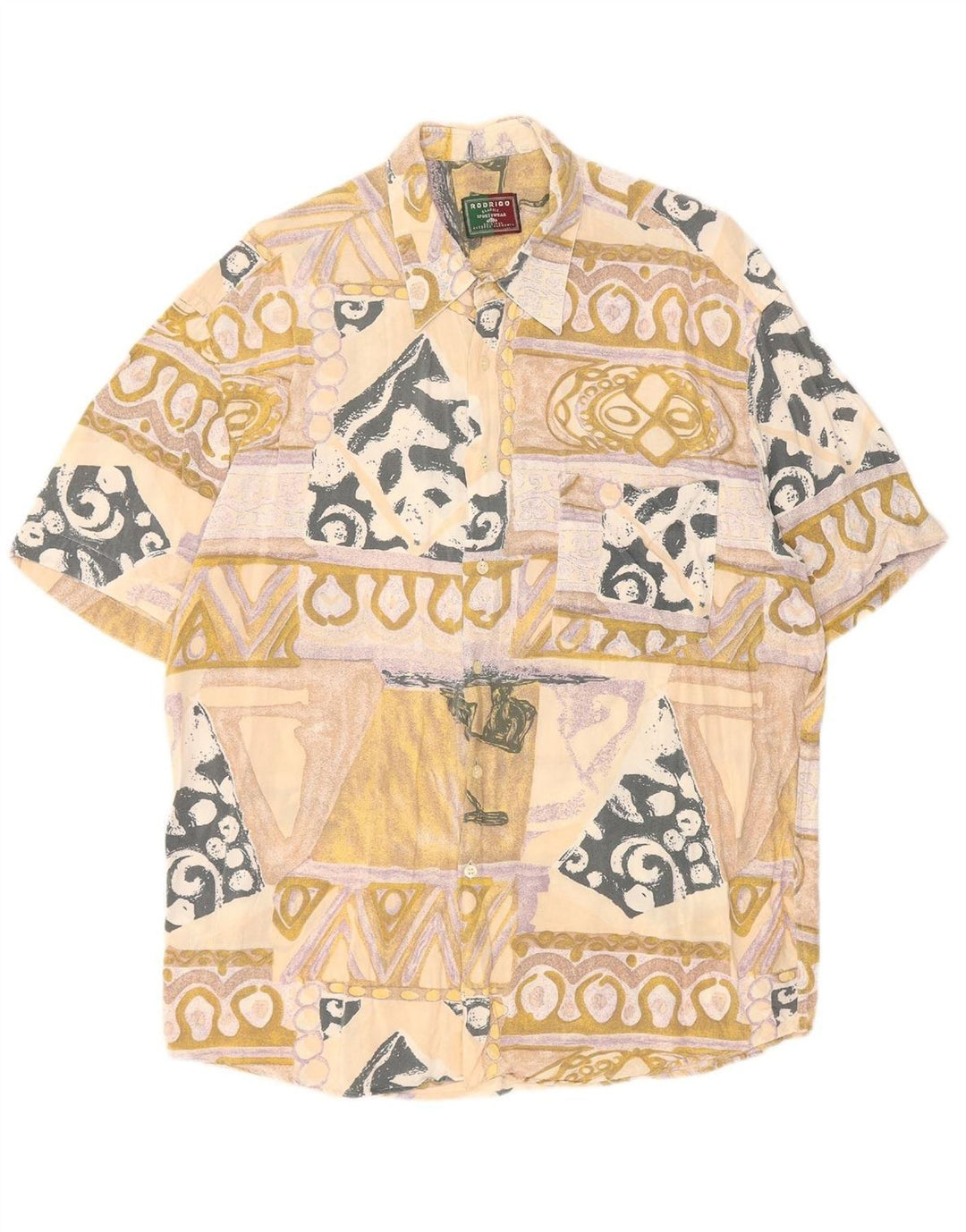 RODRIGO Mens Abstract Pattern Short Sleeve Shirt Size 18 45 2XL Beige
