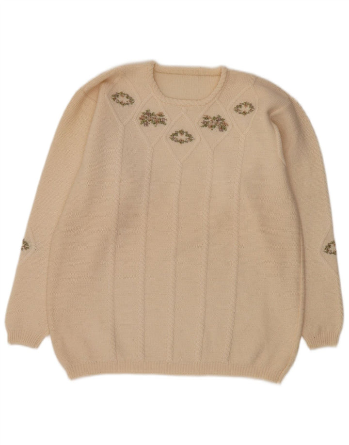 Maglione maglione girocollo da donna vintage UK 16 grande bianco sporco