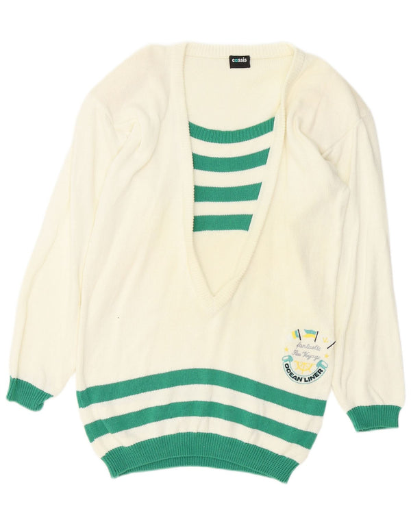 Maglione da donna vintage con scollo a barca con grafica EU 38 a righe bianche medie