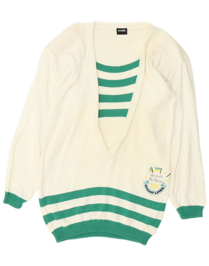 Maglione da donna vintage con scollo a barca con grafica EU 38 a righe bianche medie