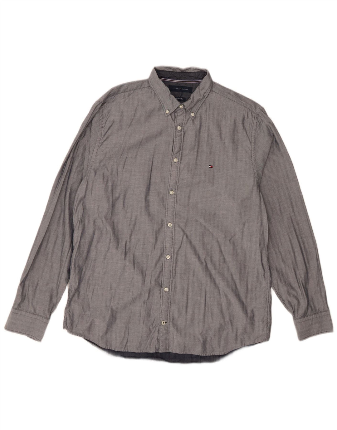 TOMMY HILFIGER Mens Regular Fit Shirt Large Grey Herringbone Cotton