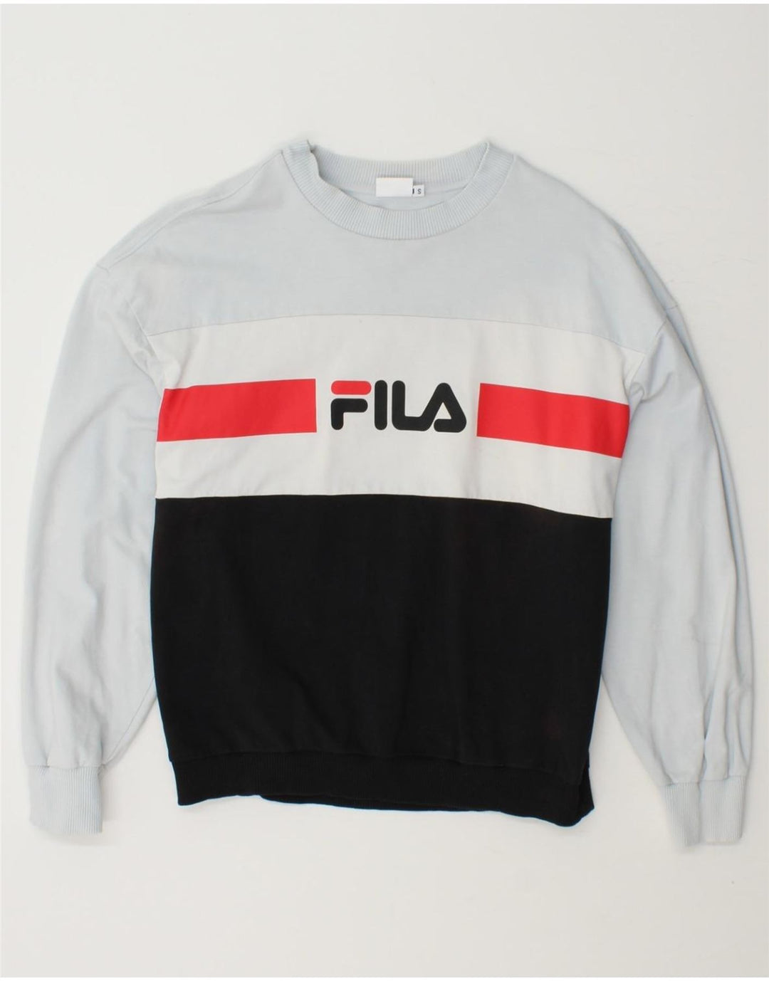 FILA Womens Sweatshirt Jumper UK 10 Small Blue Colourblock Cotton Vintage Fila and Second-Hand Fila from Messina Hembry 