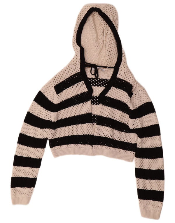 Maglione cardigan con cappuccio corto da donna Zara UK 14 grande cotone a righe bianche