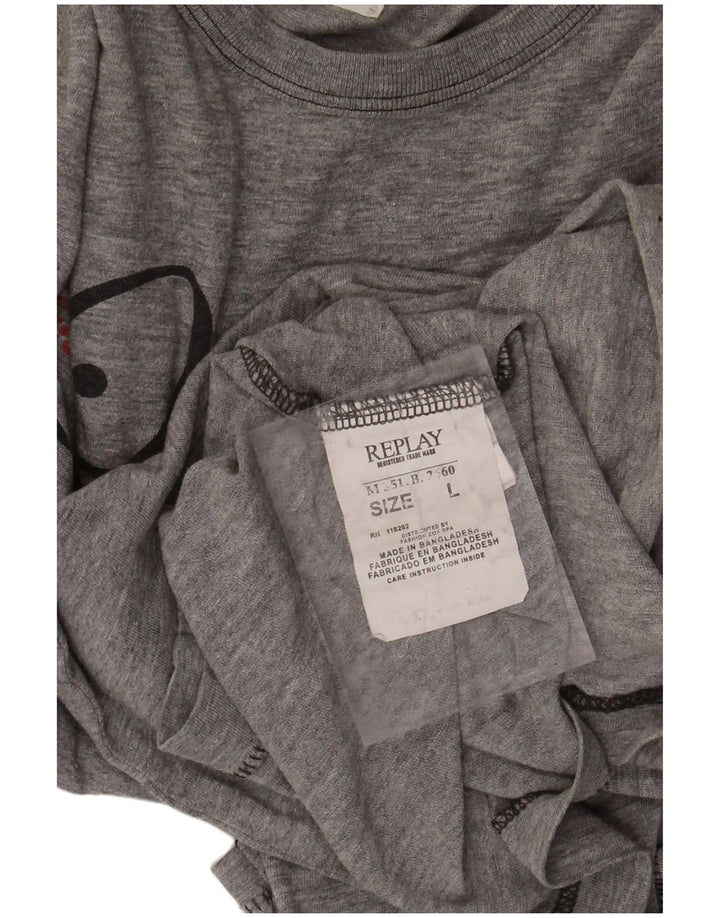 REPLAY Mens Graphic Top Long Sleeve Large Grey Cotton