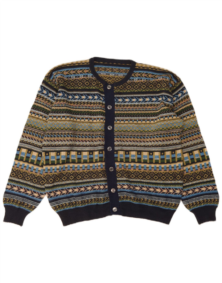 Maglione cardigan da donna vintage UK 16 Grande motivo geometrico multicolore