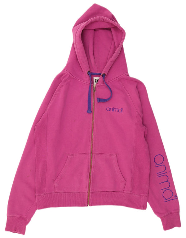 ANIMAL Maglione con cappuccio e zip grafica da donna UK 14 Large Rosa