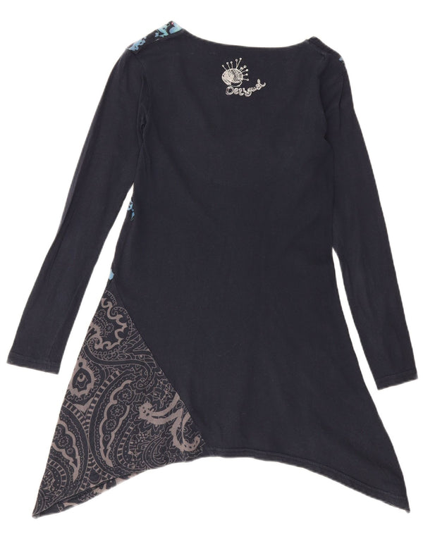 Desigual Donna Top Asimmetrico Manica Lunga UK 10 Piccolo Blu Navy Floreale