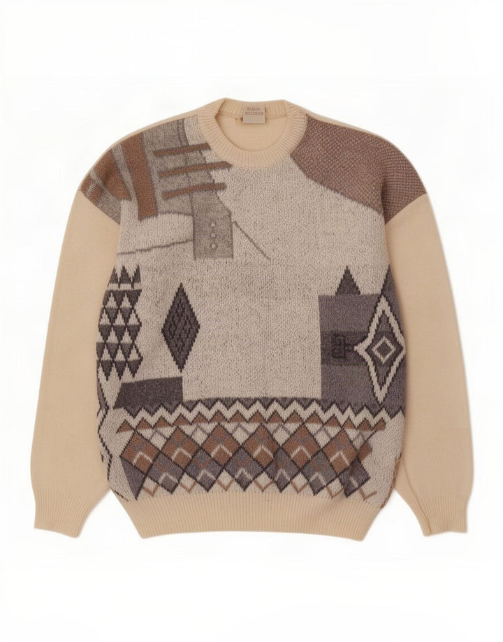 Maglione maglione girocollo da uomo vintage in lana geometrica bianco sporco medio