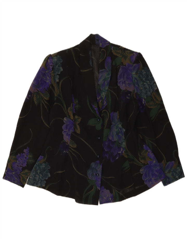 Giacca blazer vintage da donna a 4 bottoni UK 12 medio nero floreale