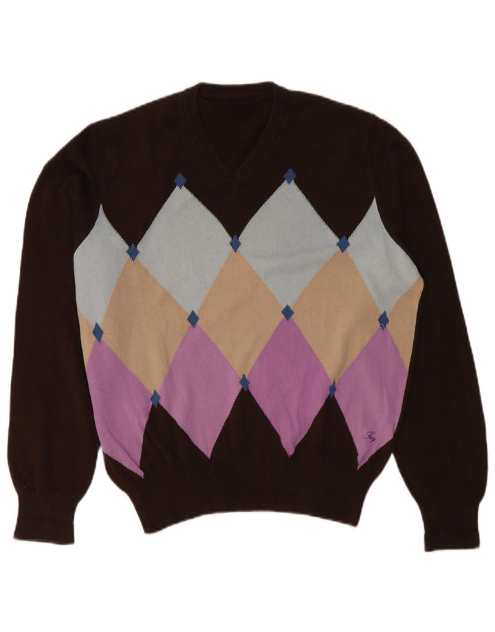 Fay Maglione da uomo con scollo a V grande marrone a rombi/diamante