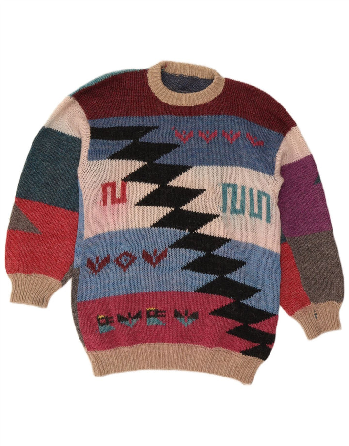 Maglione maglione girocollo da donna vintage UK 14 medio multicolore