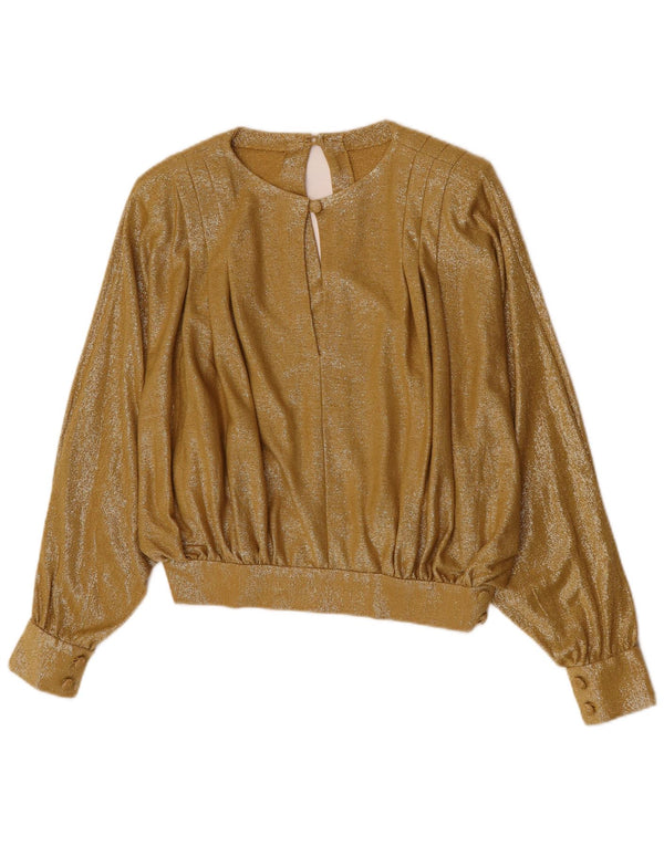 Top camicetta a maniche lunghe corta da donna vintage UK 12 oro medio
