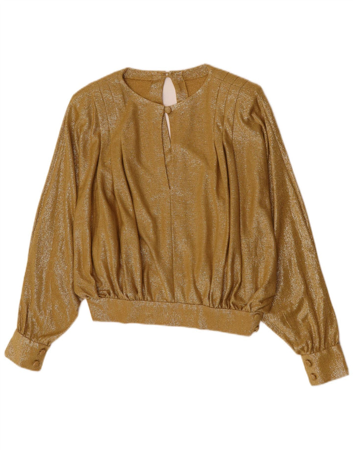 Top camicetta a maniche lunghe corta da donna vintage UK 12 oro medio