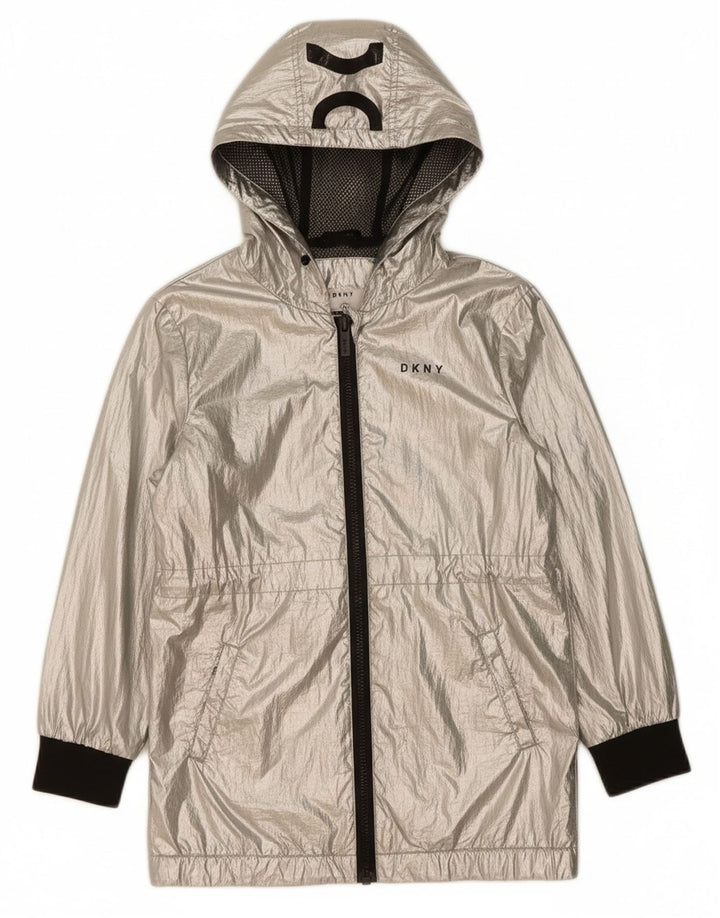 DKNY Girls Graphic Hooded Rain Jacket 5-6 Years Silver Colourblock